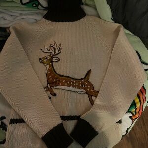 Cream and Brown Turtleneck Sweater with Deer Design